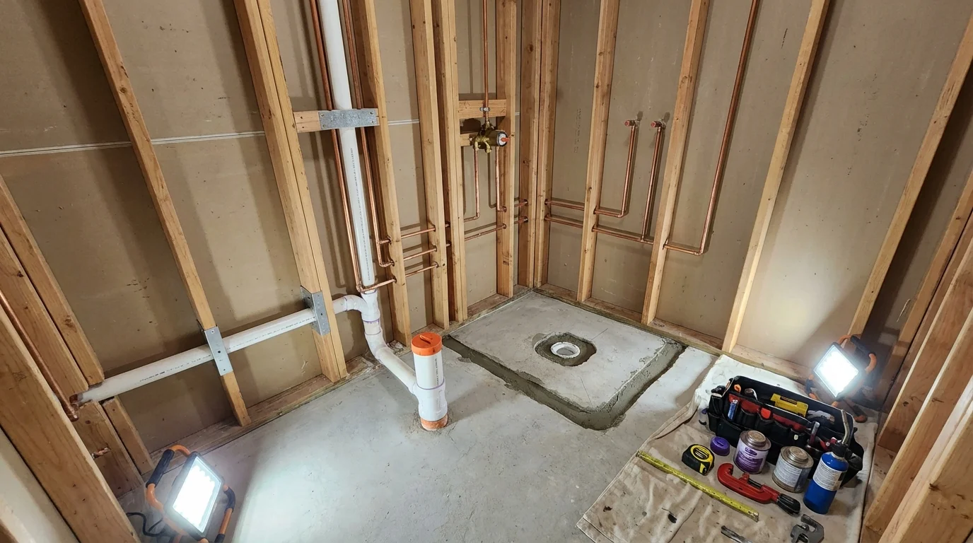 Bathroom rough-in plumbing during remodel by Johns Plumbing LLC in Havre de Grace