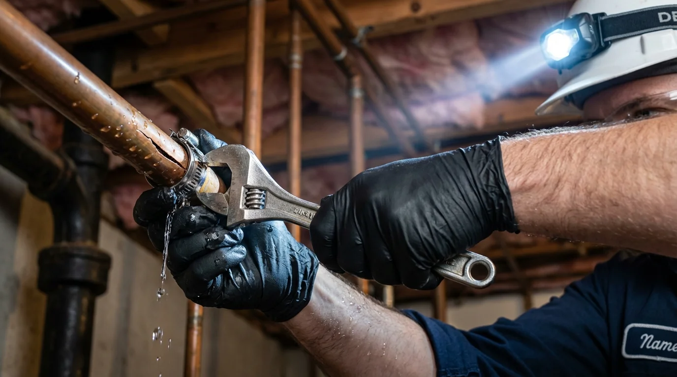 Emergency pipe clamp repair being performed by a Johns Plumbing LLC plumber in Havre de Grace