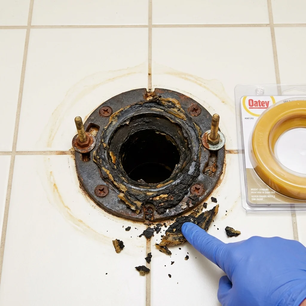 Failed wax ring showing water seepage at the base of a toilet in a Havre de Grace, MD home