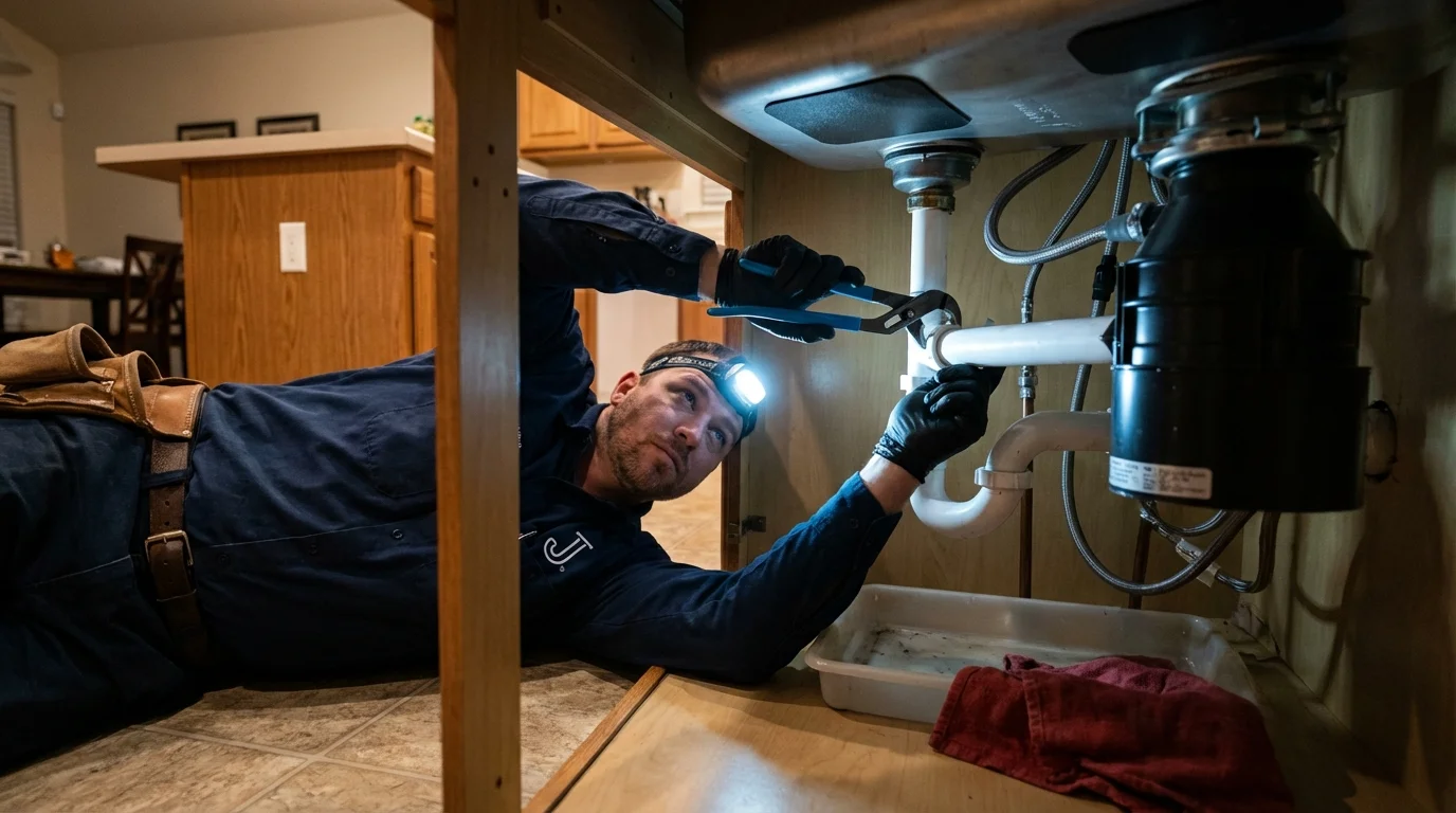 P-trap and supply line connections under a kitchen sink showing a common leak point in Havre de Grace, MD